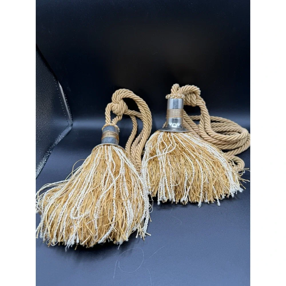 Vintage Gold & Cream‎ Braided Rope Metal Top Tassels Tie Backs 28